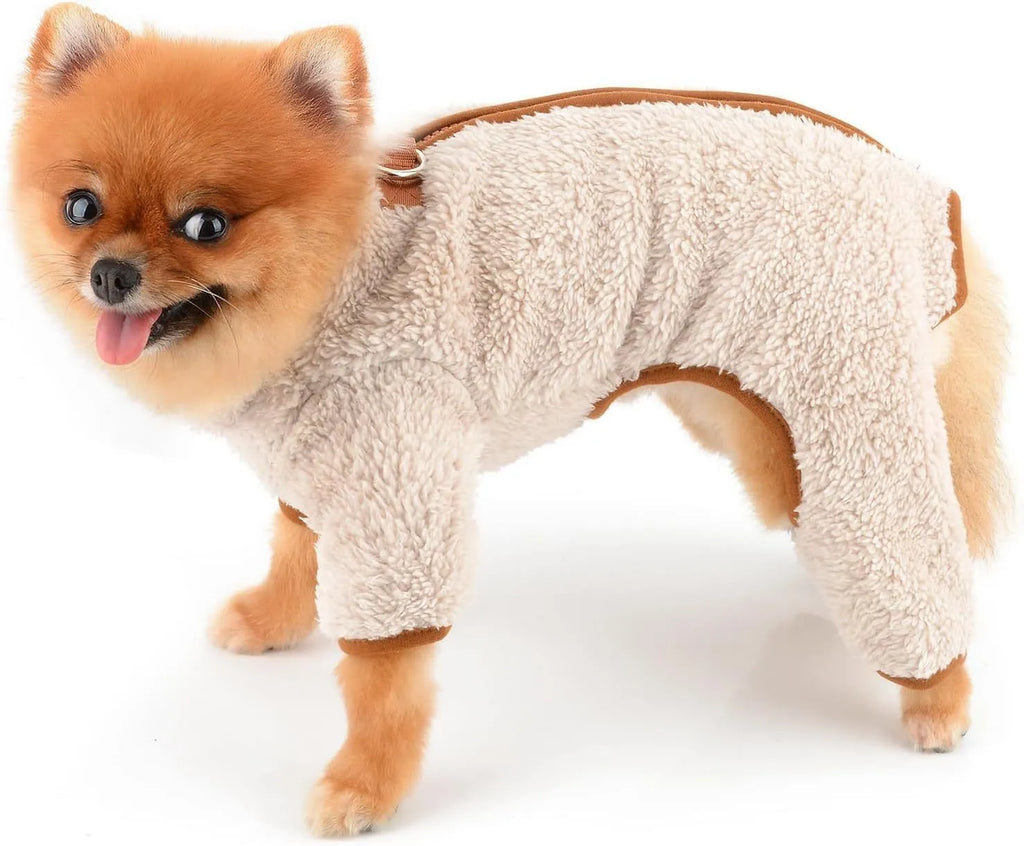 Green plush fleece dog coat with four legs and a back zipper on a small dog.