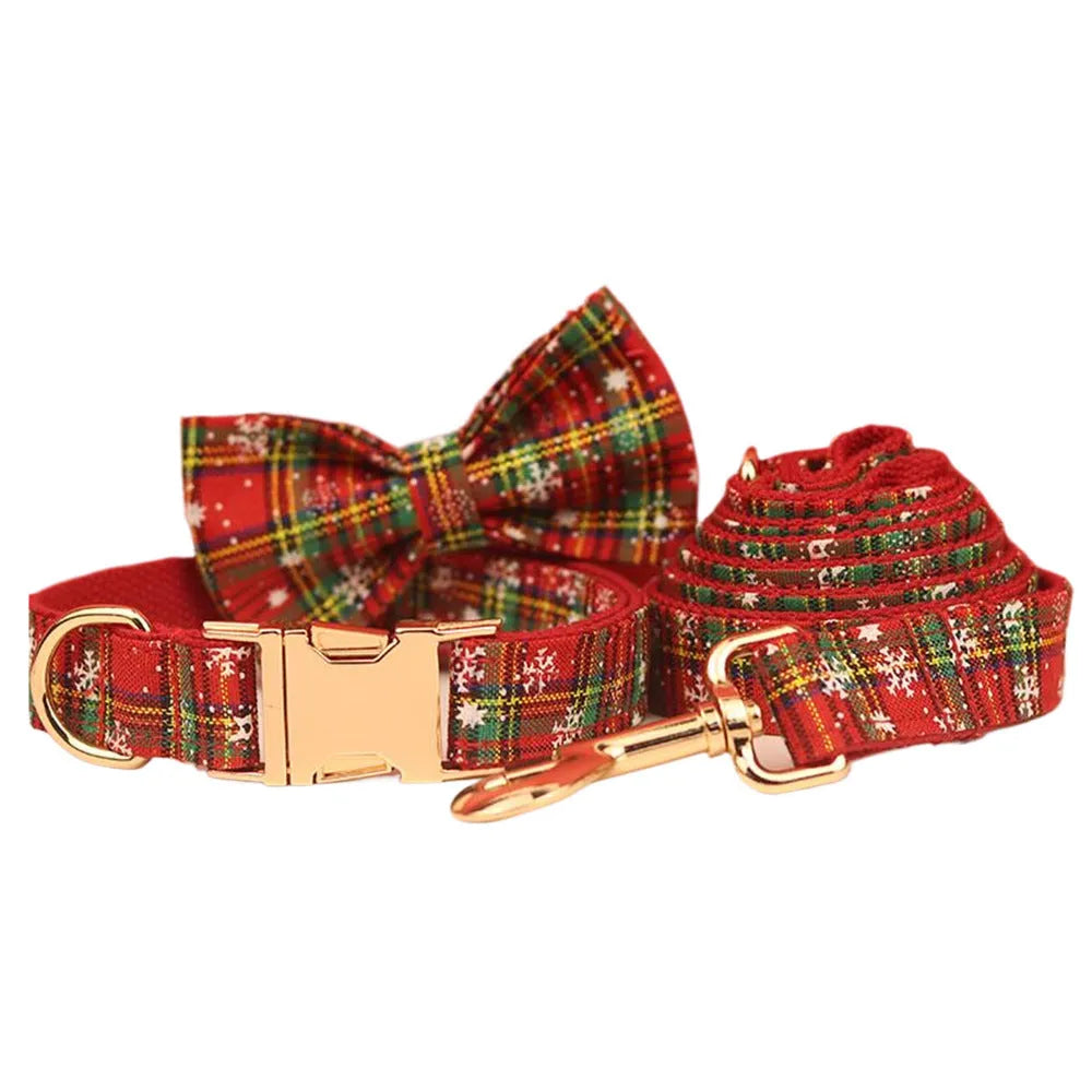 Red snowflake pattern Christmas dog collar leash vest bow four-piece set with plaid design