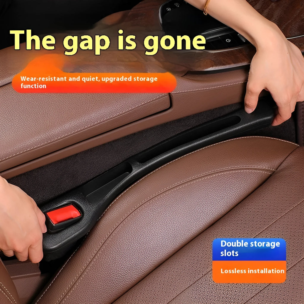Black car seat gap filler installed between driver seat and centre console with leak-proof waterproof material