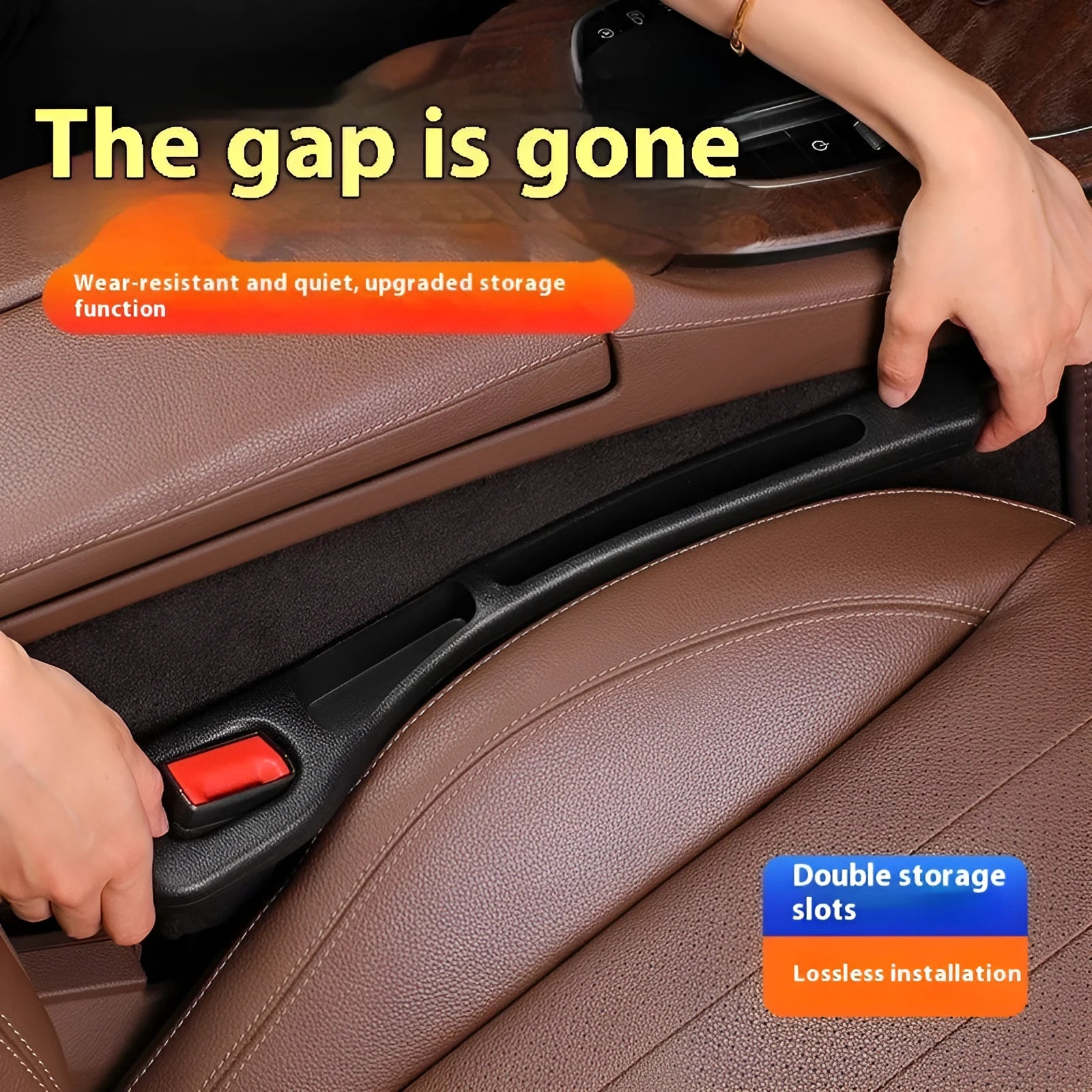 Black car seat gap filler installed between driver seat and centre console with leak-proof waterproof material