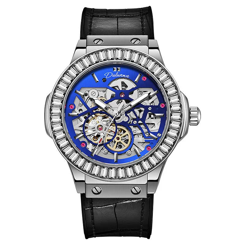 Automatic mechanical men's watch with hollow dial, diamond studs, and a white shell case.