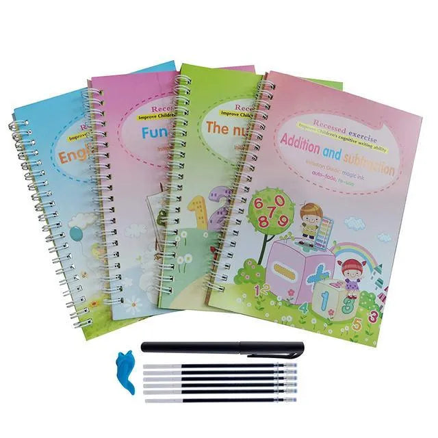 Children magic stylus calligraphy set with four slotted groove copybooks, pen, and refills in white on wooden table