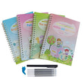 Children magic stylus calligraphy set with four slotted groove copybooks, pen, and refills in white on wooden table