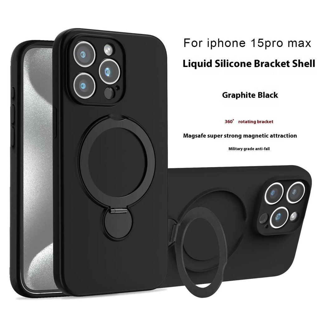 Liquid silicone magnetic bracket phone case for iPhone 14 Pro Max in Graphite Black with bracket extended