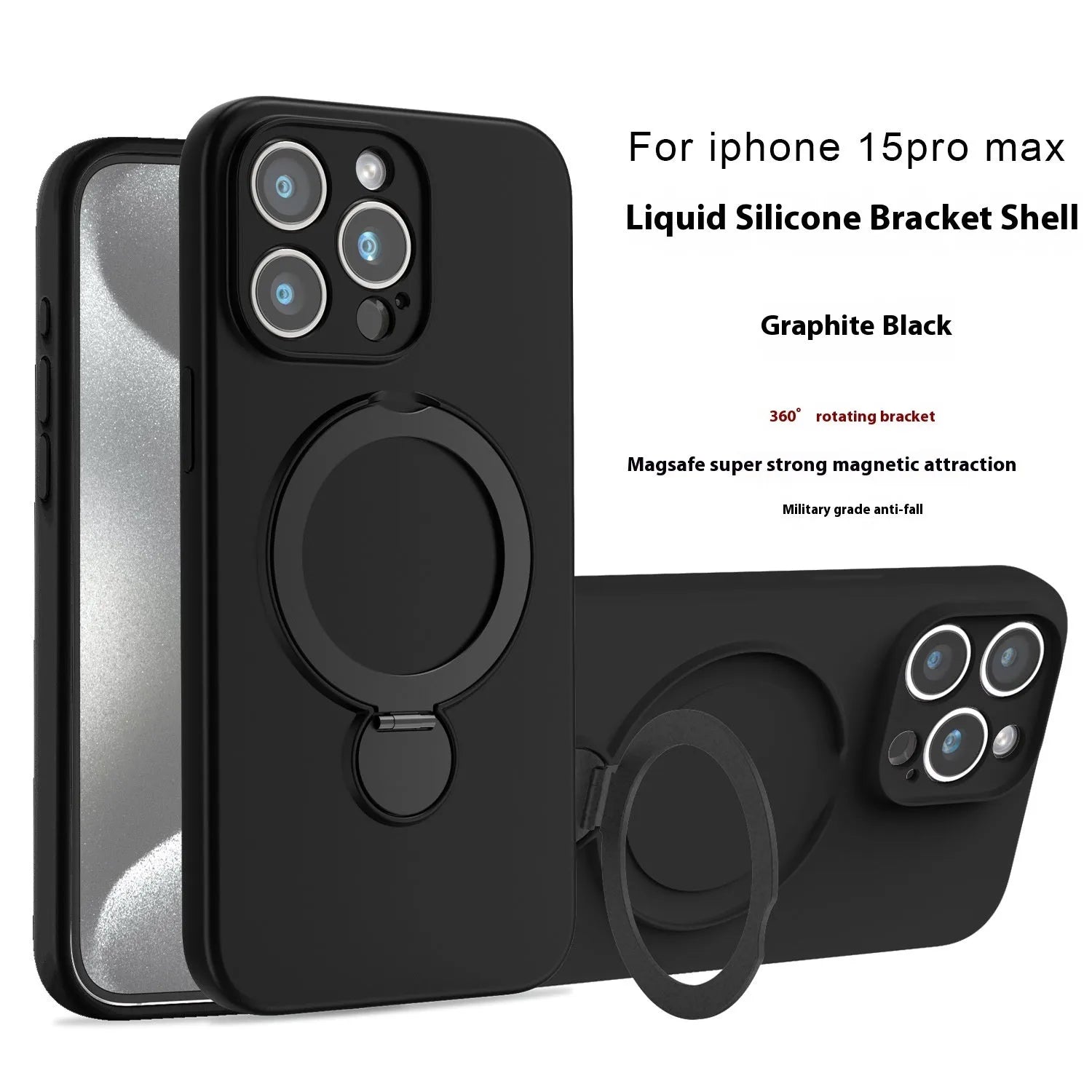 Liquid silicone magnetic bracket phone case for iPhone 14 Pro Max in Graphite Black with bracket extended