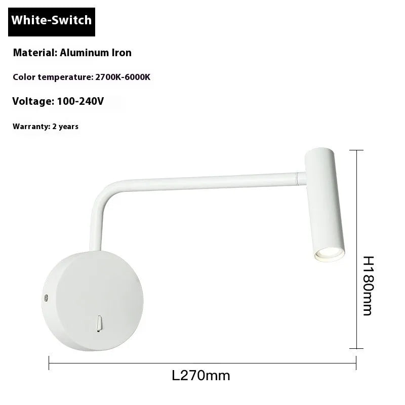 Rocker LED reading wall lamp in black finish with adjustable arm and head for bedside use