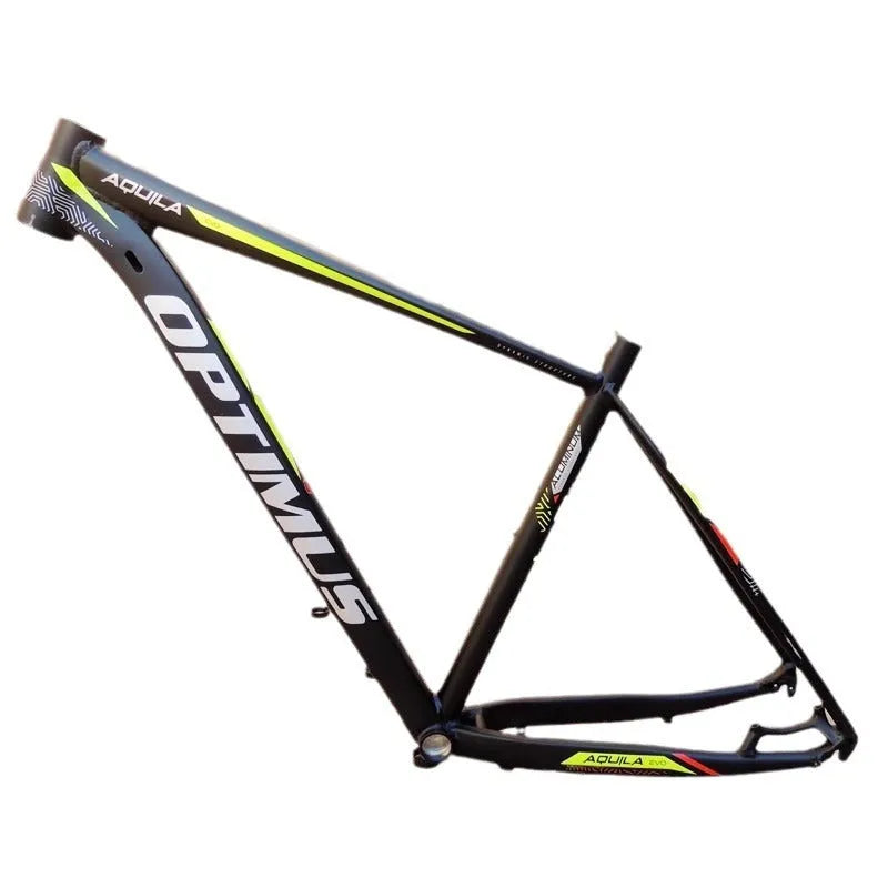Black green aluminium mountain bike frame with internal cable routing and disc brake mounts