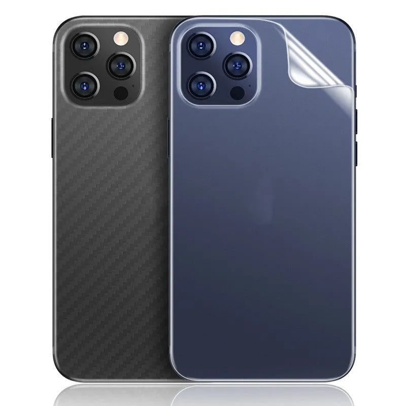 TPU front and back film for iPhone 13 and 14 series, shown in HD, matte, carbon fibre, and crocodile pattern.