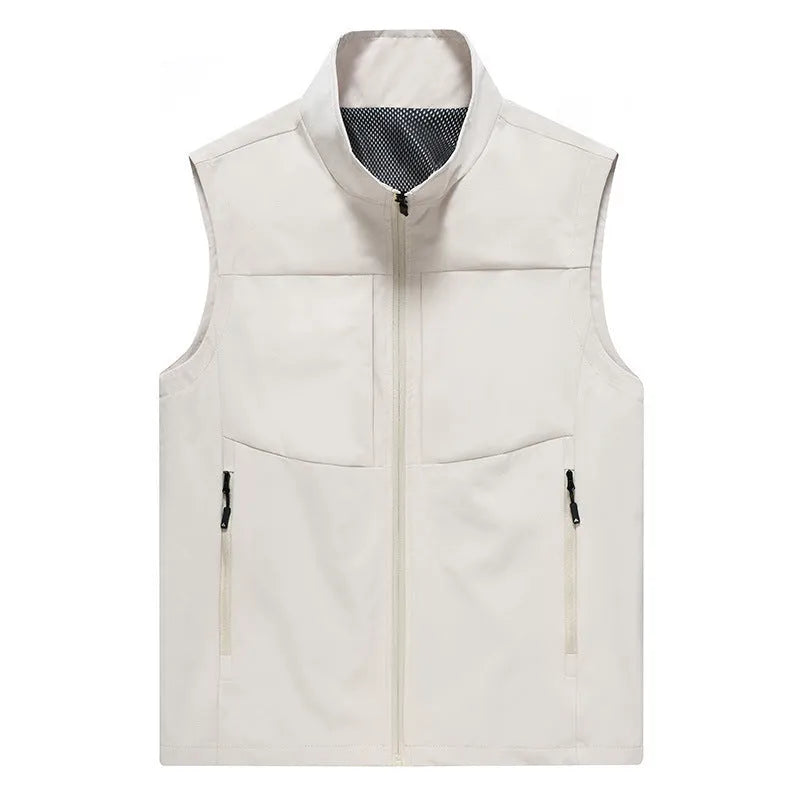 Men's loose-fit stand collar cardigan vest in polyester for outdoor leisure.
