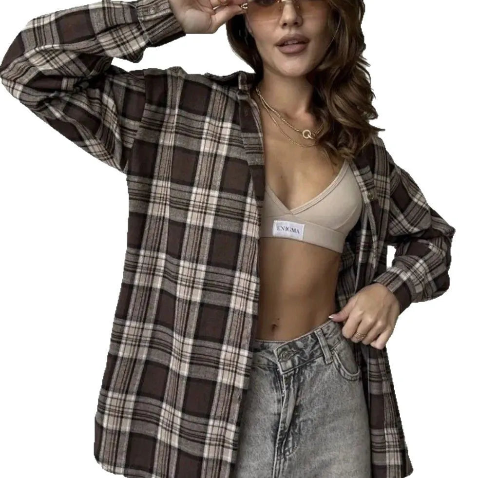 Dark brown retro striped women's long sleeve shirt with cotton fabric and regular fit