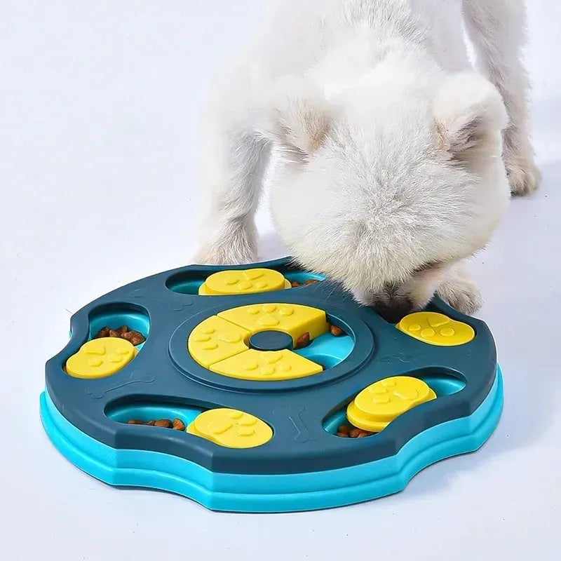 Blue dog puzzle feeder toy with interactive compartments for food dispensing during play