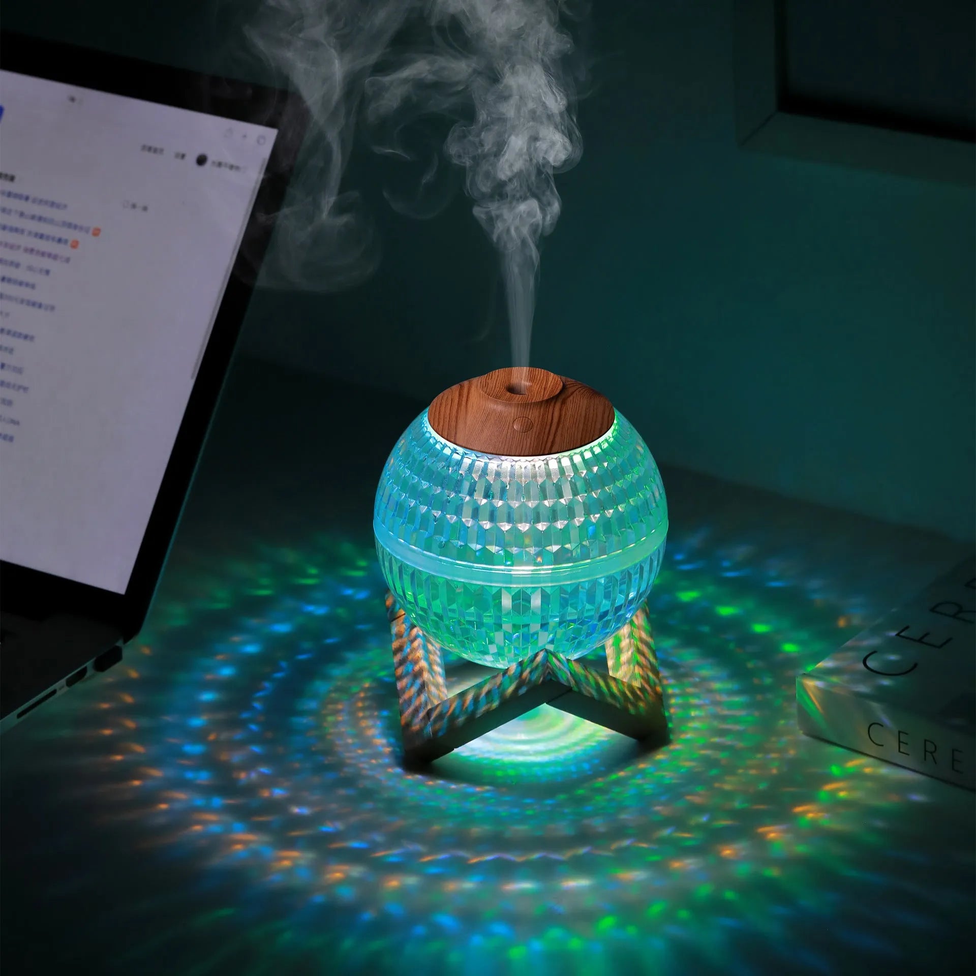 Crystal ball humidifier round 116 mm USB with atmosphere sea light on a desk