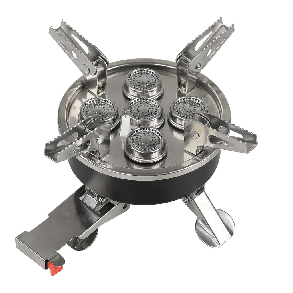 Silver portable foldable stainless steel split stove for outdoor camping and picnics.