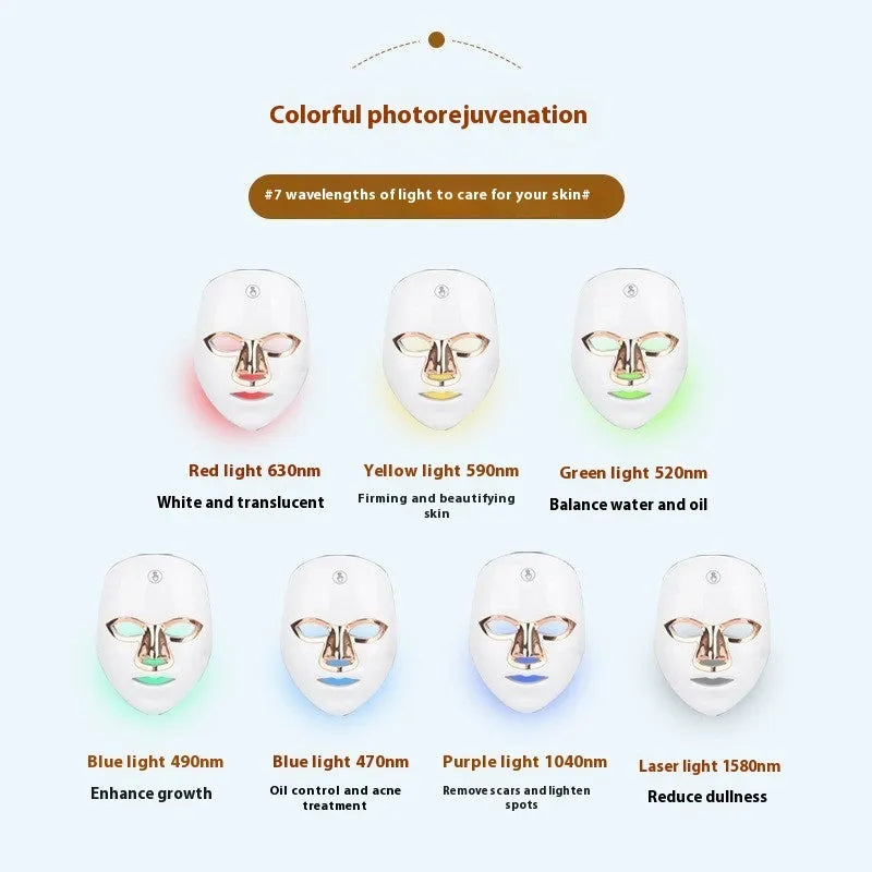 Rechargeable manual touch LED beauty mask in ABS plastic on a white background.
