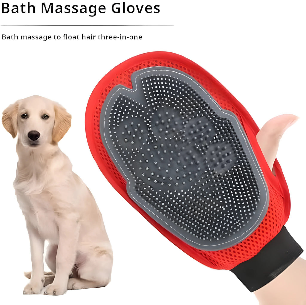 Red pet bathing glove with integrated cleaning brush for washing and grooming dogs or cats.