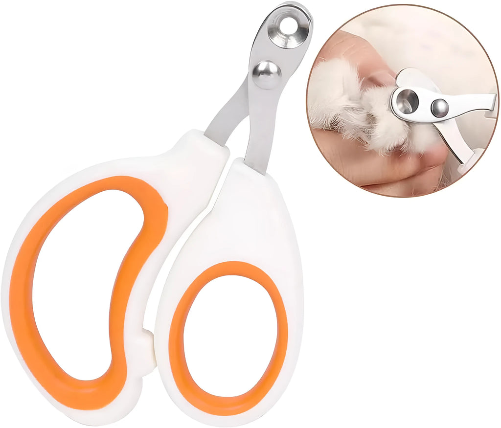 Blue handled cat nail clippers with circular cut hole showing stainless steel blade and non-slip grip.