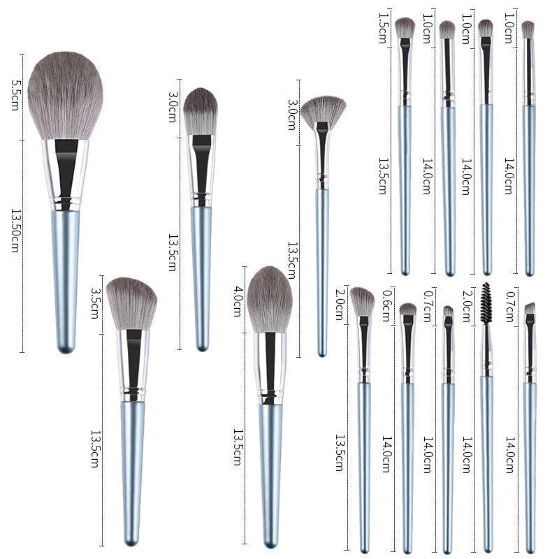 14 piece wooden handle makeup brush set with artificial fibre bristles and PU brush bag