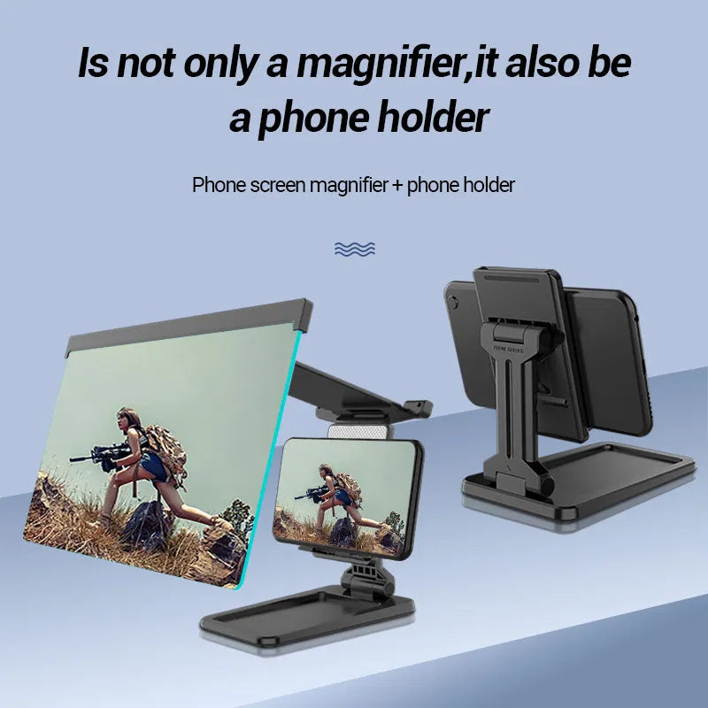 Black folding mobile phone screen magnifier with detachable holder next to an iPhone.
