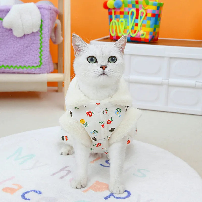 Pet cat clothes in cotton velvet broken card printing fabric available in pink and white sizes XS to XL for cats
