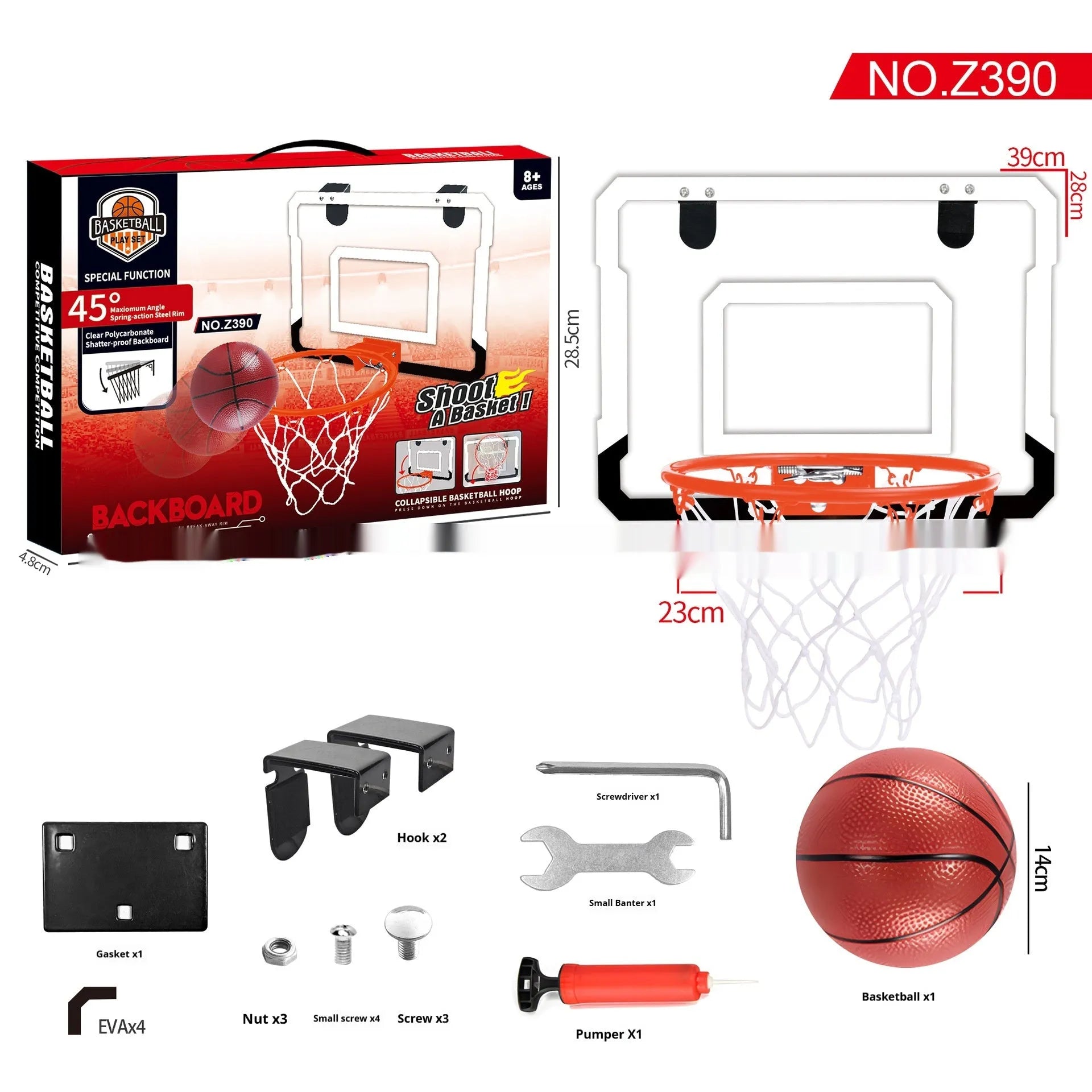 Red folding basketball frame with suction cups mounted on a wall, showing dunk scoring panel.