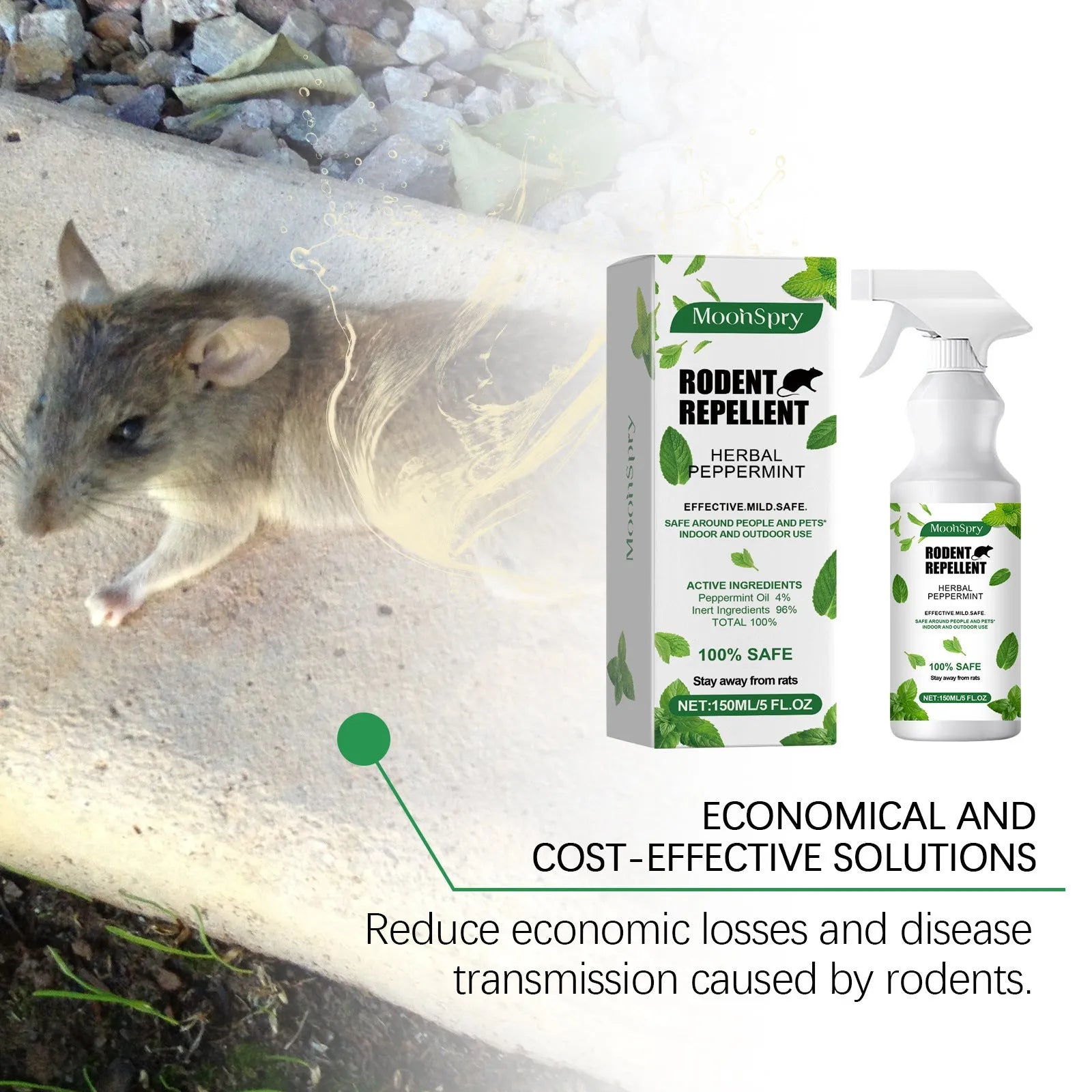 Outdoor mint-flavoured rat repellent spray 150ml bottle with peppermint and chili essential oils