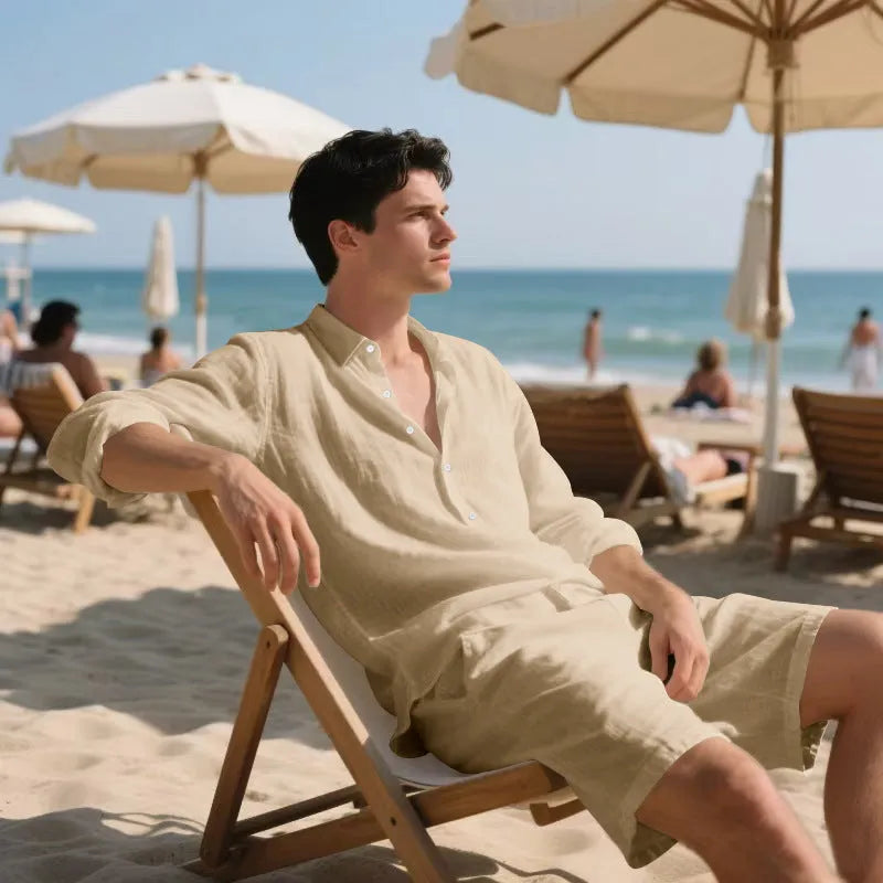 Men's linen beach suit set with long sleeve shirt and shorts in multiple colour options