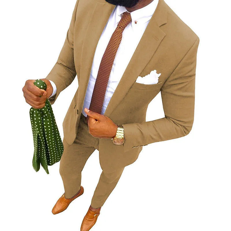 Men's two-piece cotton suit in a selection of colours including purple, blue, and grey.