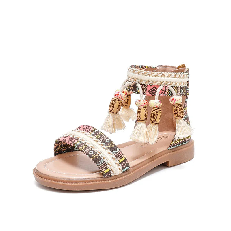 Summer ethnic retro children's Roman sandals with beaded detail, cloth upper, back zipper, in black colour option.