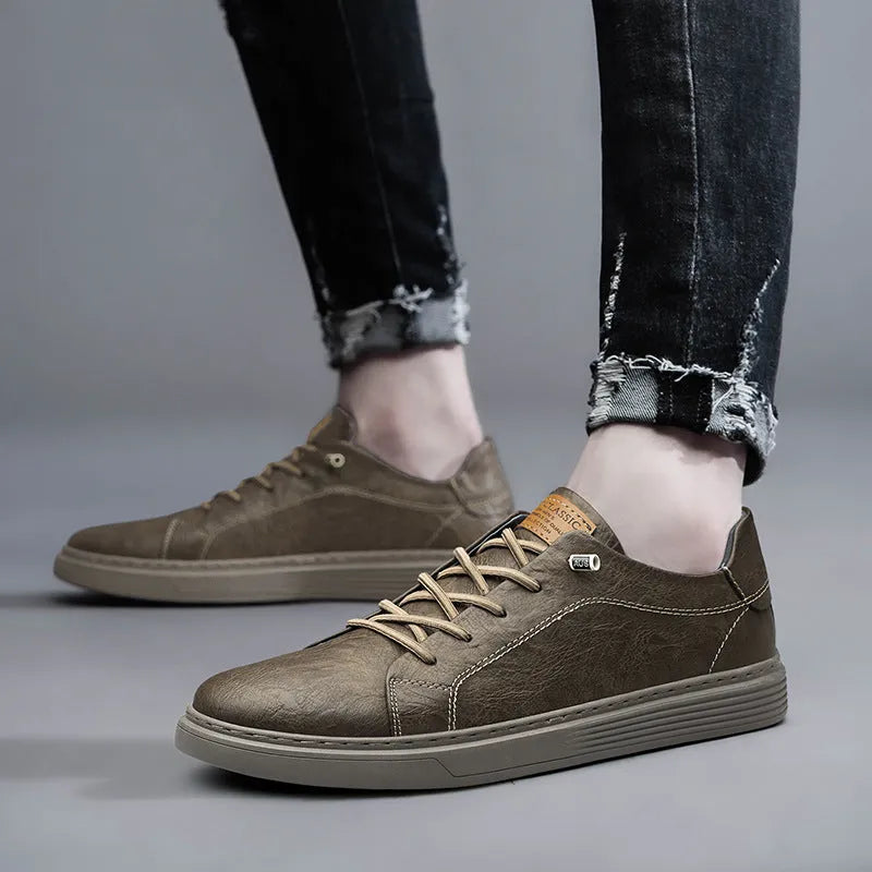 Two-layer cowhide casual sneakers low-top men's shoes round toe front lace-up solid colour khaki