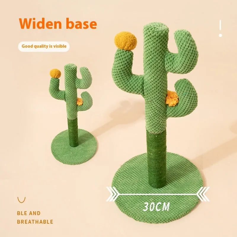 Cactus-shaped cat scratch board with vertical sisal climbing pole in green cotton thread construction