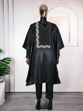 Plus size men's figured cloth three-piece suit in dark blue, including outer robe, shirt, and trousers, Asian sizes L-4XL