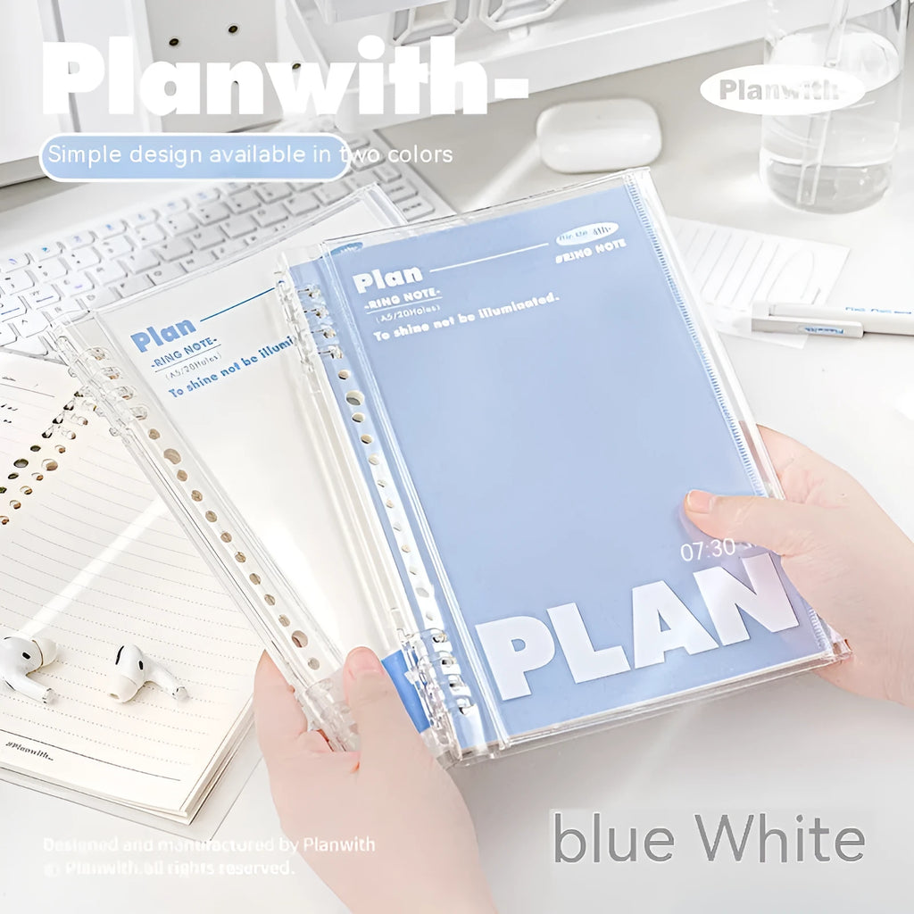 A5 PVC spiral notebook cover in blue or white transparent finish, dimensions 148mm by 210mm