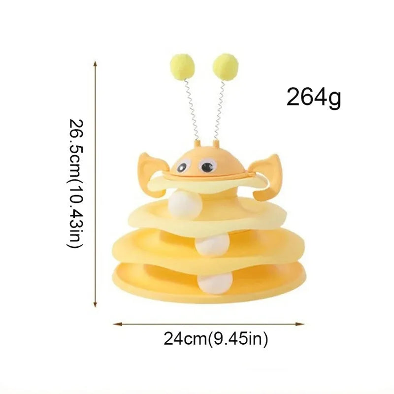 3-layer cat toy tower with rotating bee on top, green tracks and base, for kittens and adult cats