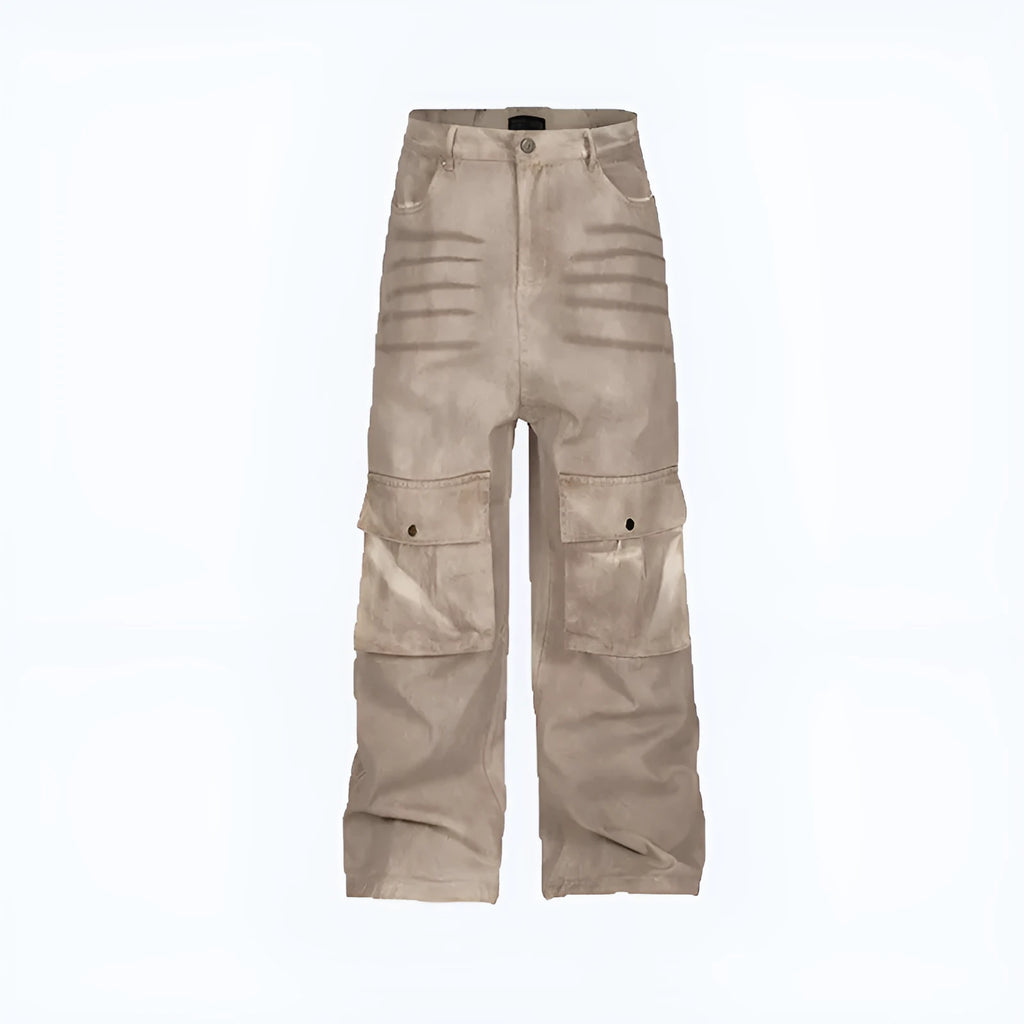 Marble dark straight leg A-line denim trousers with mid waist and zip fly front
