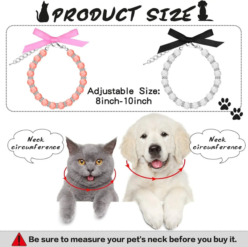 Adjustable dog pearl necklace with rhinestones on blue ribbon for small dogs