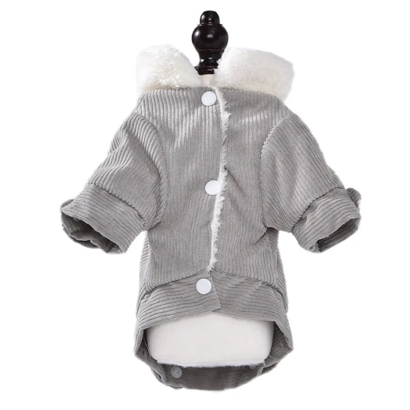 Grey fleece-lined lambswool vest for a dog, showing wool lining and padded design.
