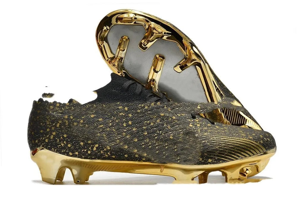 Men's low-top football shoes with knitted upper, rubber outsole with FG studs, shown in a front lace-up style.