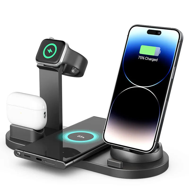 Universal desktop charging stand with 15W wireless phone charger, headset hook, and watch stand in black finish