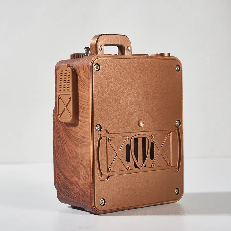 Retro lightweight compact wireless Bluetooth speaker in Rosewood Gold with plastic shell