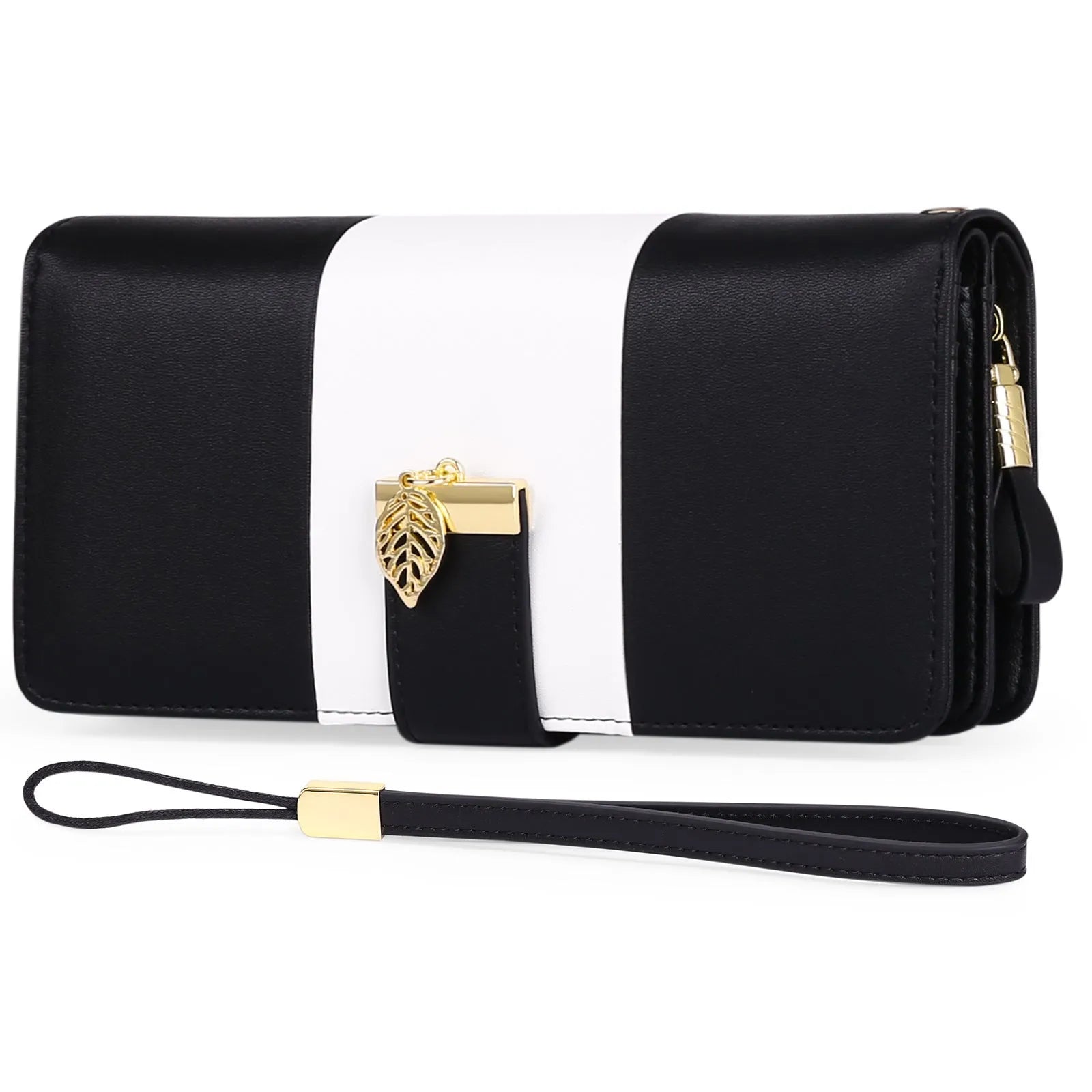 Midnight black PU leather anti-theft clutch bag with a silver lock on the zip, shown open to reveal RFID-blocking card slots.