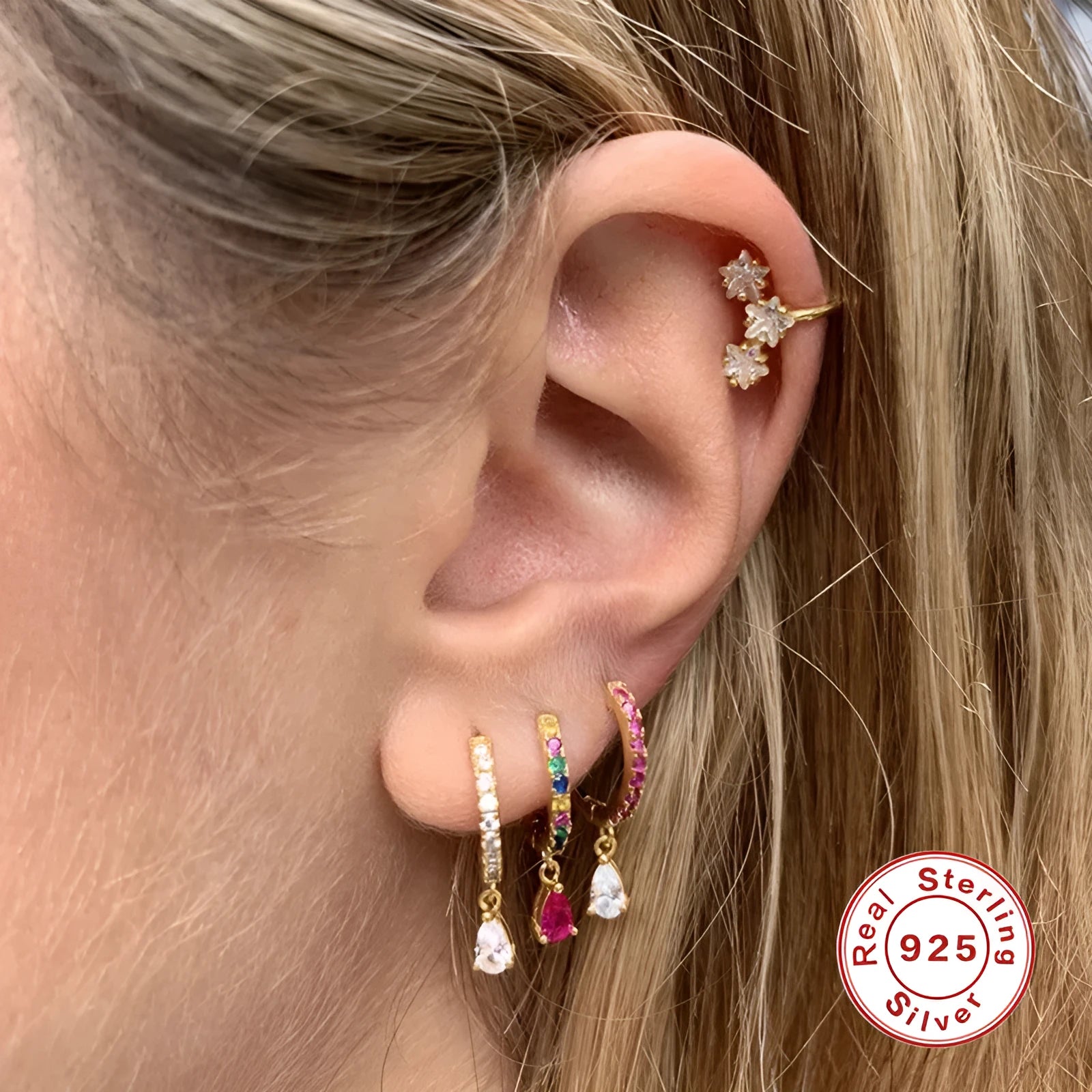 S925 sterling silver geometric water drop stud earrings in gold or silver finish.