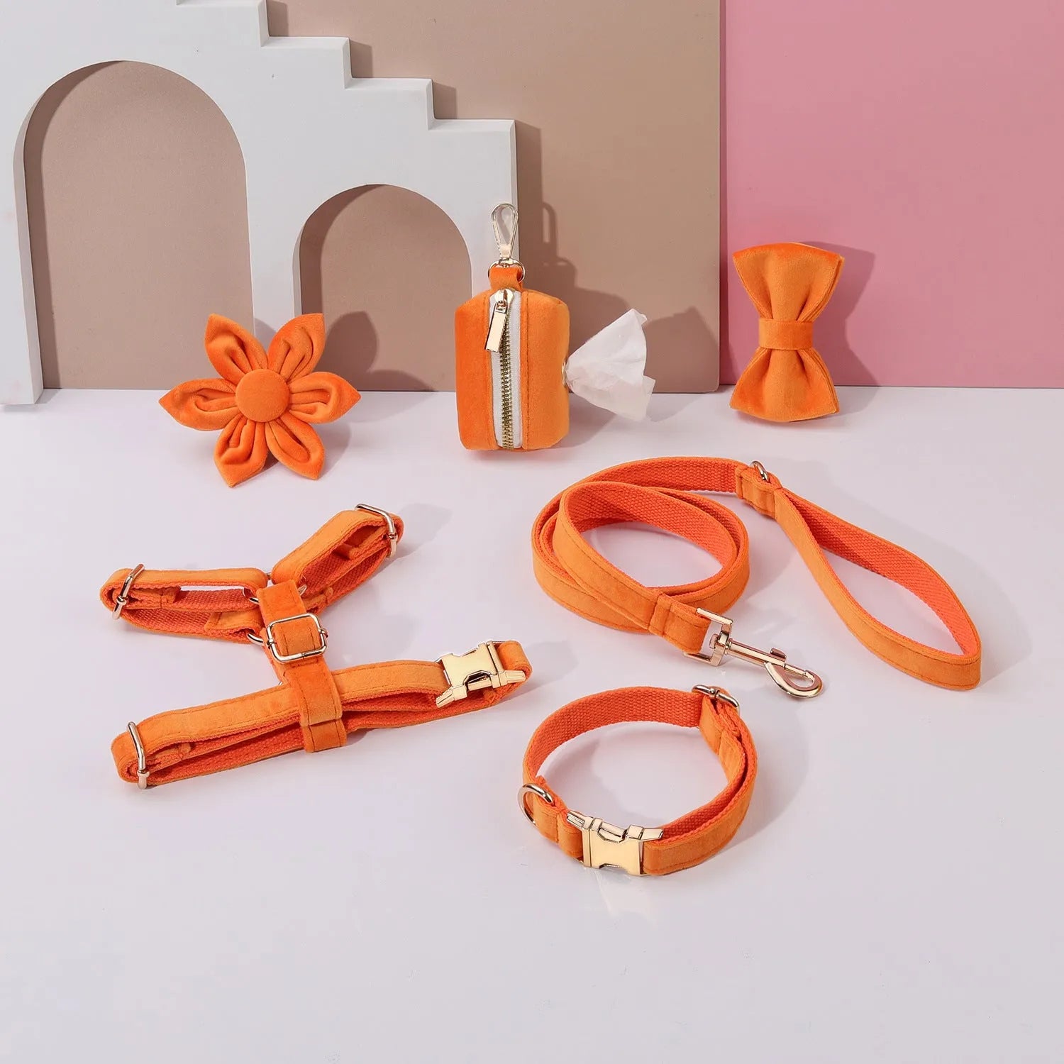 Classic velvet soft dog collar and leash harness set with bow tie, flower, and toilet bag accessories in multiple colours.