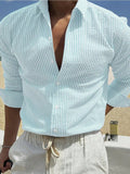 Fashion striped cardigan lapel long sleeve shirt in blue, polyester fibre knit with 20 thread count