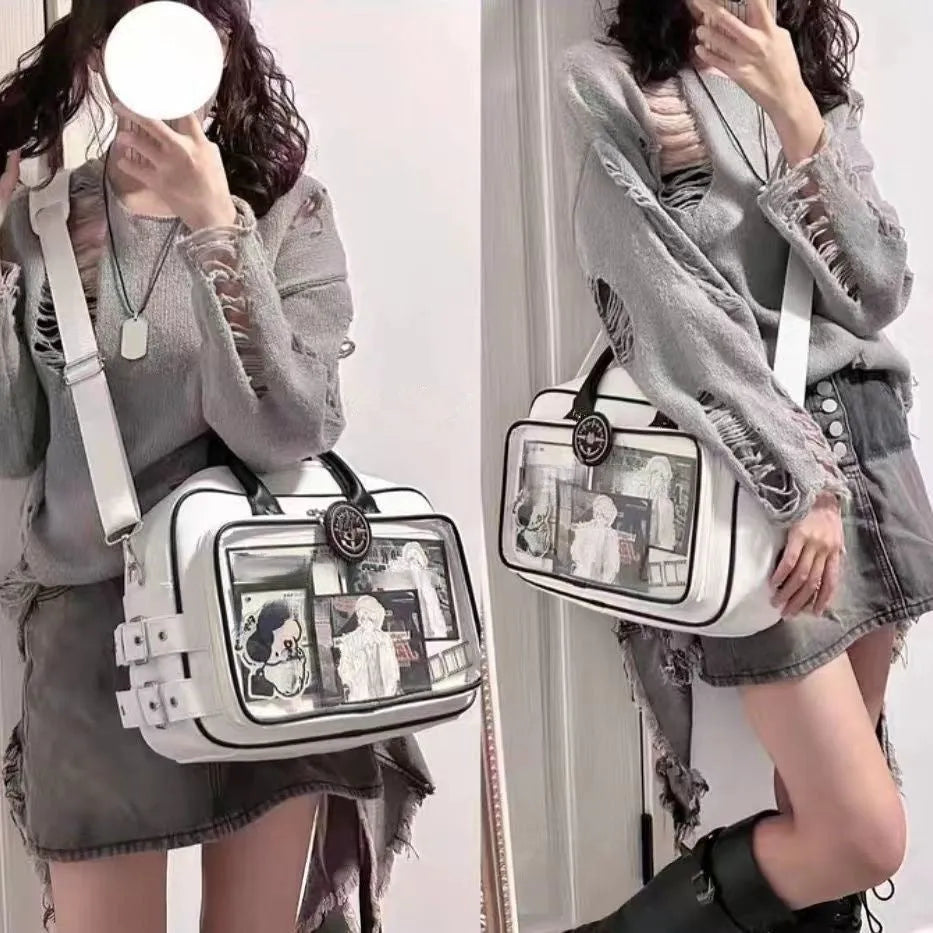 One shoulder crossbody bag PU large capacity 42x24cm black horizontal square style with outer pocket