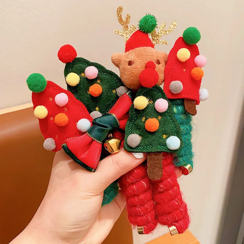 Children Christmas hair ties with red bell, green tree, khaki elk, and red tree designs on a light background