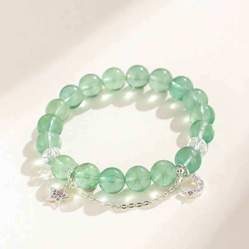 Green fluorite and white crystal bracelet with star moon princess design and electroplated metallic finish