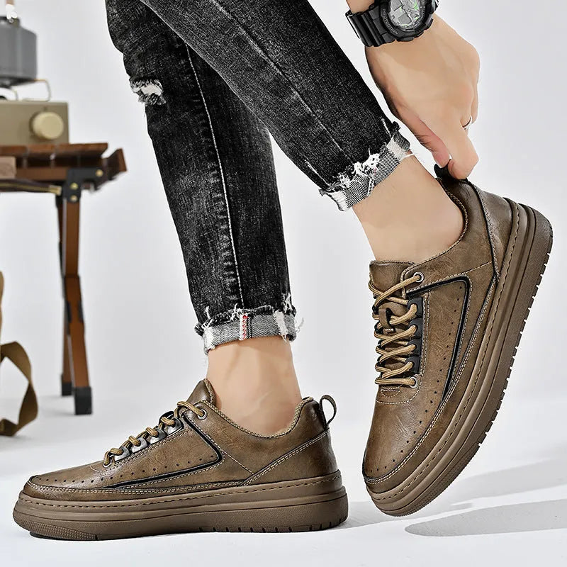 Men's retro genuine cowhide leather lace-up casual shoes in black, round toe, flat heel, rubber sole