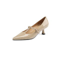 Women's black leather square toe high heel shoes with a 6-8cm heel on a rubber sole.
