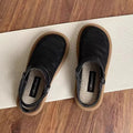 Beige Mori girl style slip-on shoes with a round toe and linen upper on a soft rubber sole.