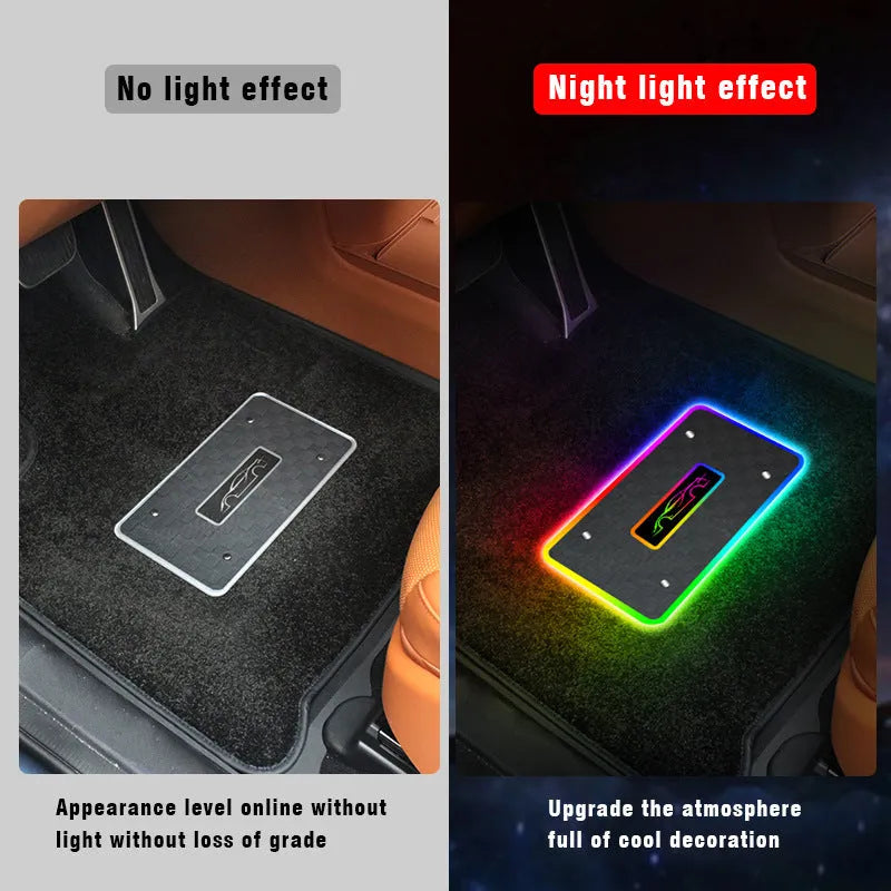 Car foot mat ambient light LED with diamond style faceplate, RGB colour modes, and Bluetooth control installed in vehicle footwell